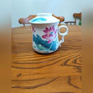 - Asiatica tea mug, cup with infuser and lid. Lotus flower.  Asian writing…
